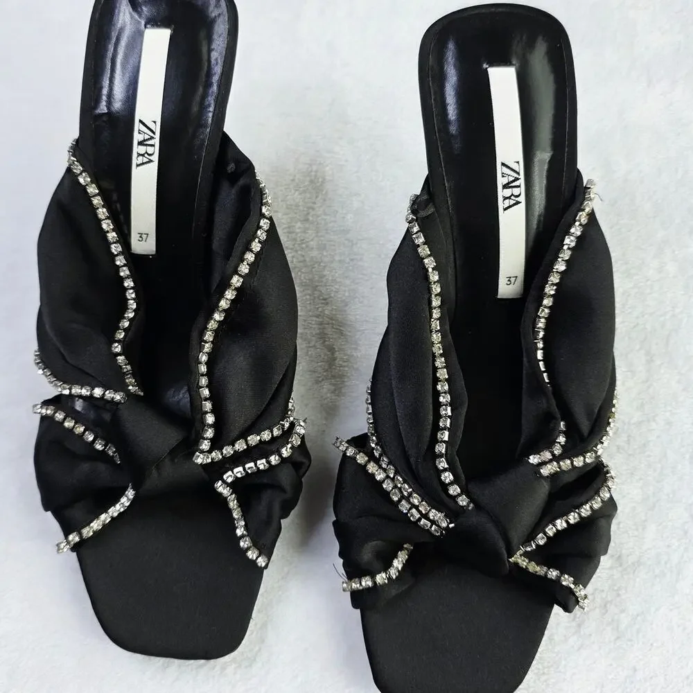 ZARA Satin Mule Heels EU 37 6.5 Black Rhinestone Bow Slip-On Glam Coquette Y2K